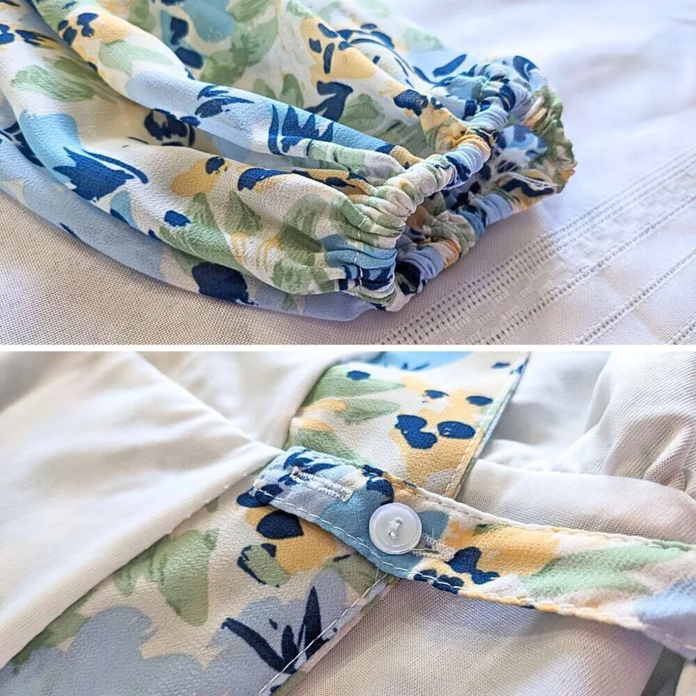 Anthropologie ICHI Adiline Cream Blue Floral Chiffon Wrap Midi Dress Size 34/6